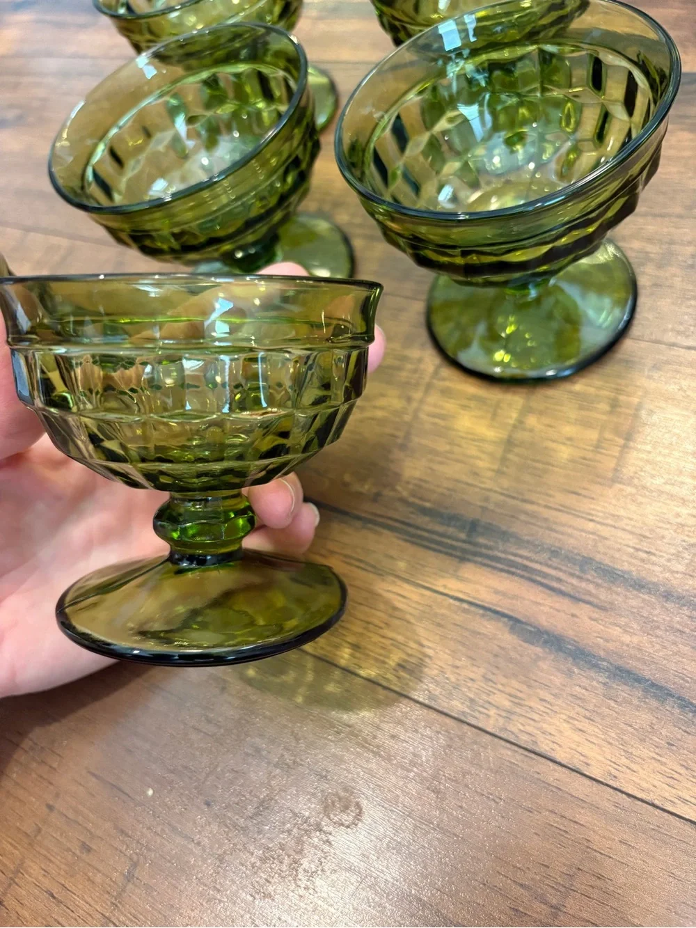 Vintage Indiana Glass Whitehall Avocado Green Cubist Sherbet Dessert Glasses 6